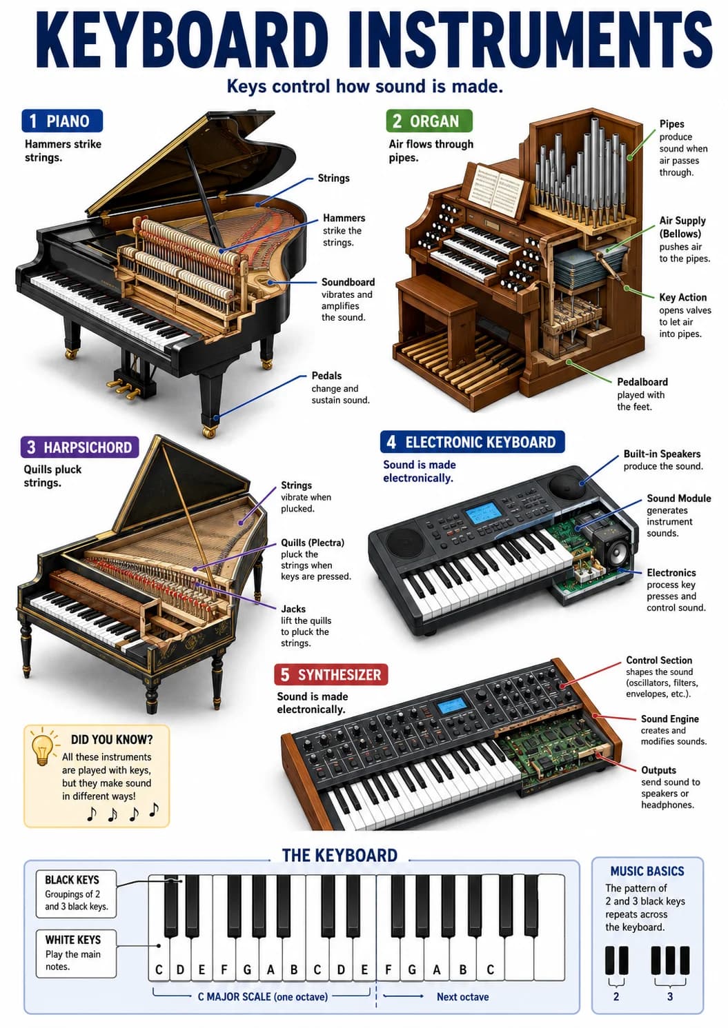 Keyboard Instruments infographic poster with clear labels for Instruments.