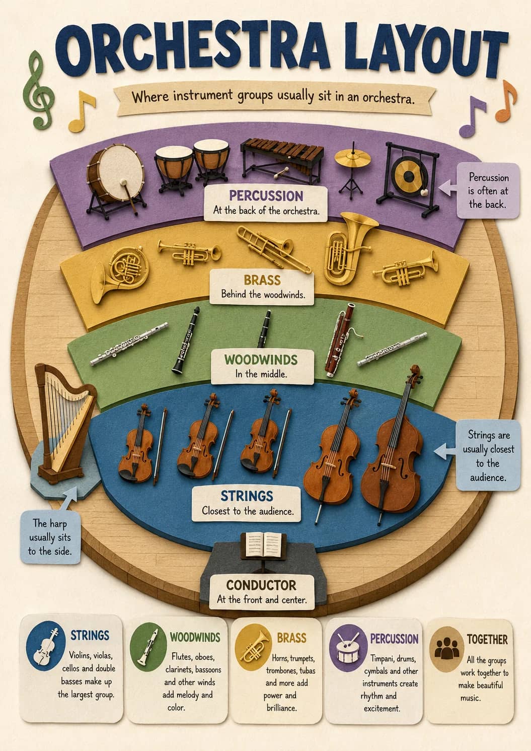 Orchestra Layout infographic poster showing Where instrument groups usually sit in an orchestra., STRINGS, Violins, violas, cellos and...
