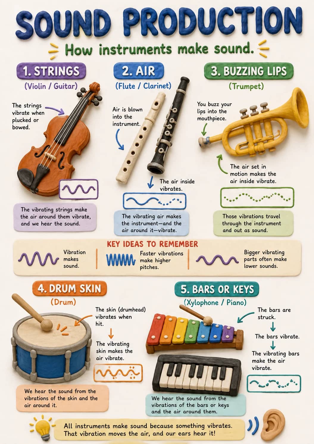 Sound Production infographic poster showing ➤ How instruments make sound. ➤, 1. STRINGS, The strings vibrate when plucked or bowed., The...