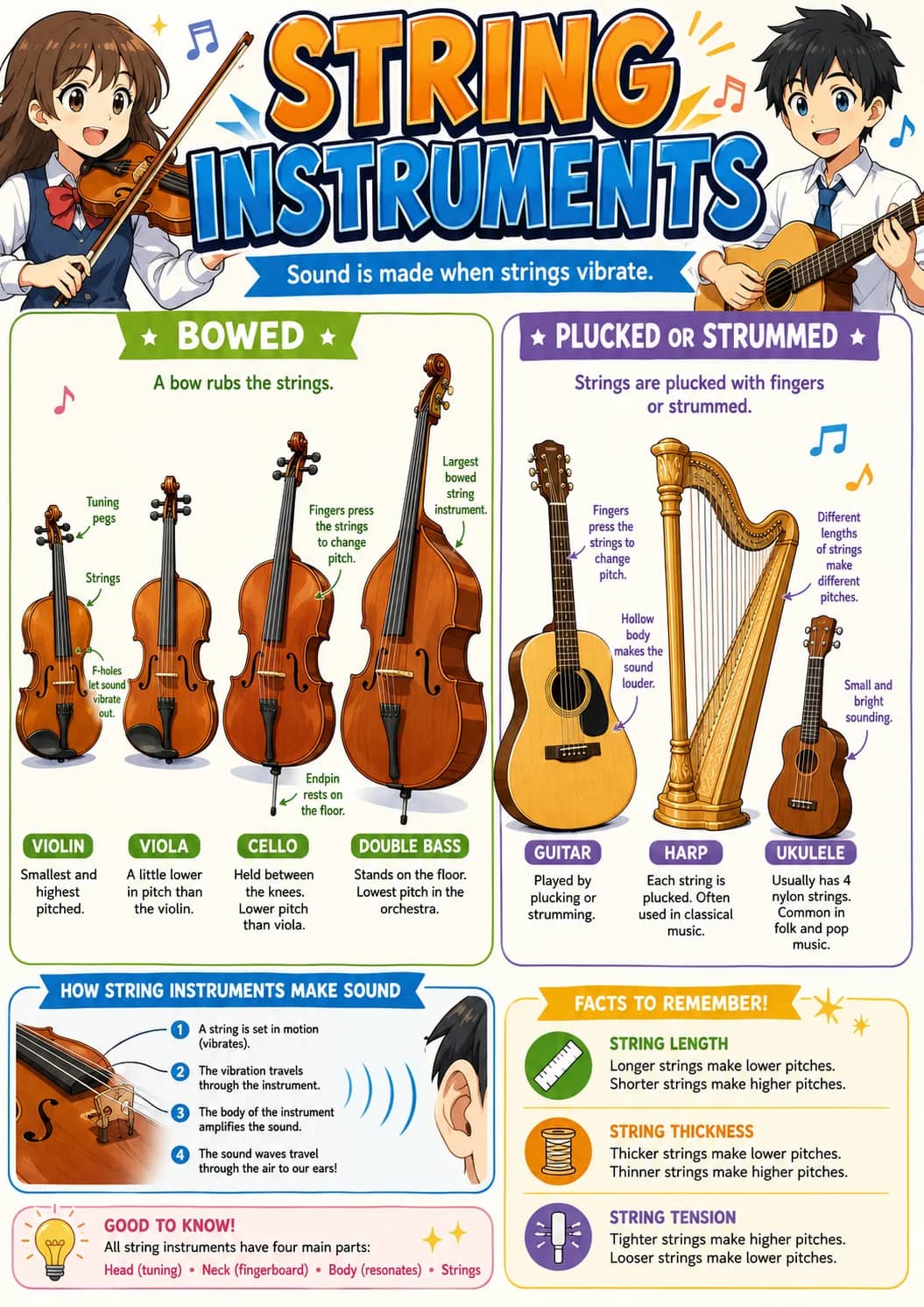 String Instruments infographic poster showing Sound is made when strings vibrate., ★ BOWED ★, A bow rubs the strings., VIOLIN and Smallest...