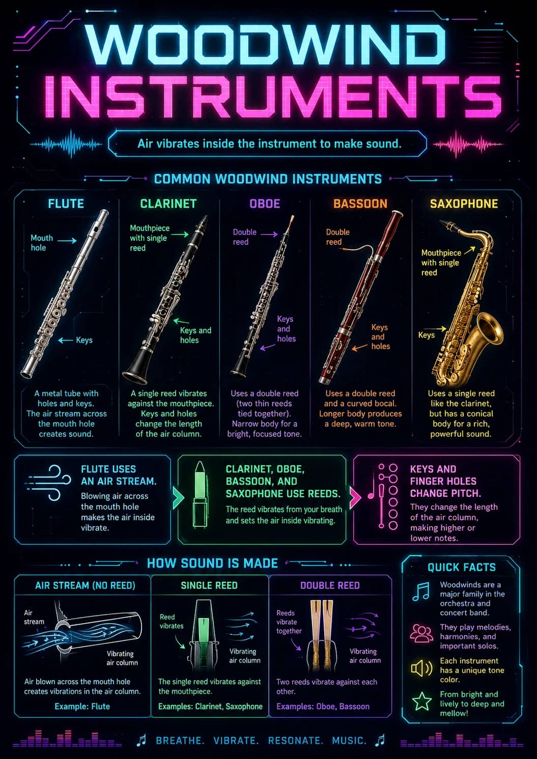 Woodwind infographic poster showing Air vibrates inside the instrument to make sound., COMMON WOODWIND INSTRUMENTS, FLUTE, A metal tube...