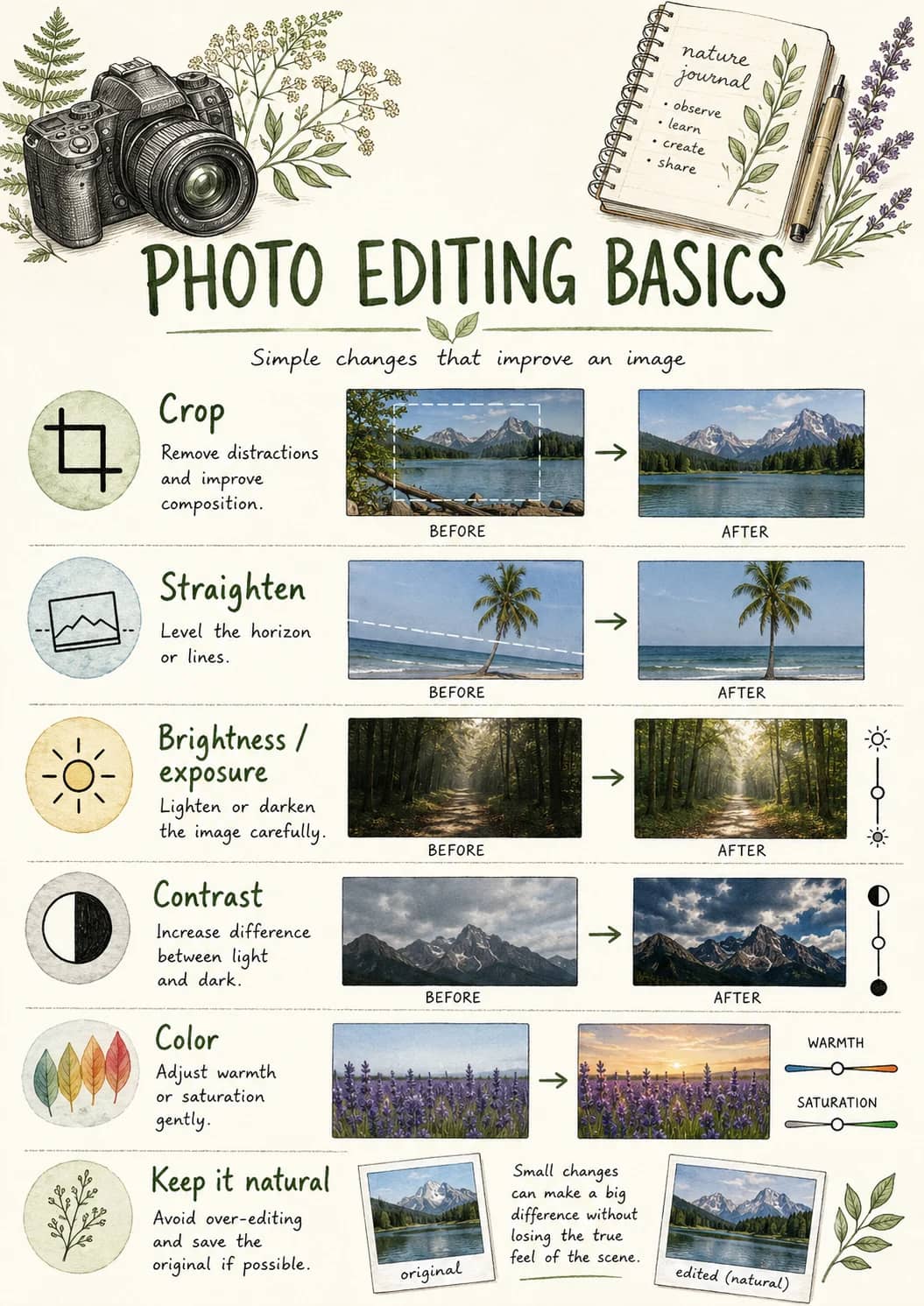 Photo Editing Basics infographic poster showing Simple changes that improve an image, Crop, Remove distractions and improve composition.,...