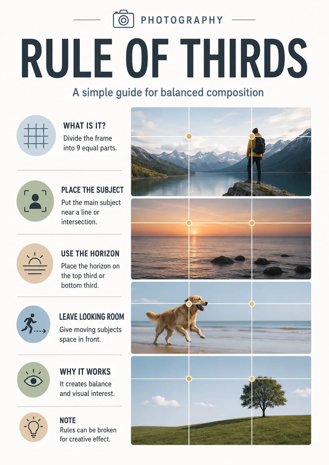 Photography infographic poster showing RULE OF THIRDS, A simple guide for balanced composition, WHAT IS IT?, Divide the frame into 9 equal...