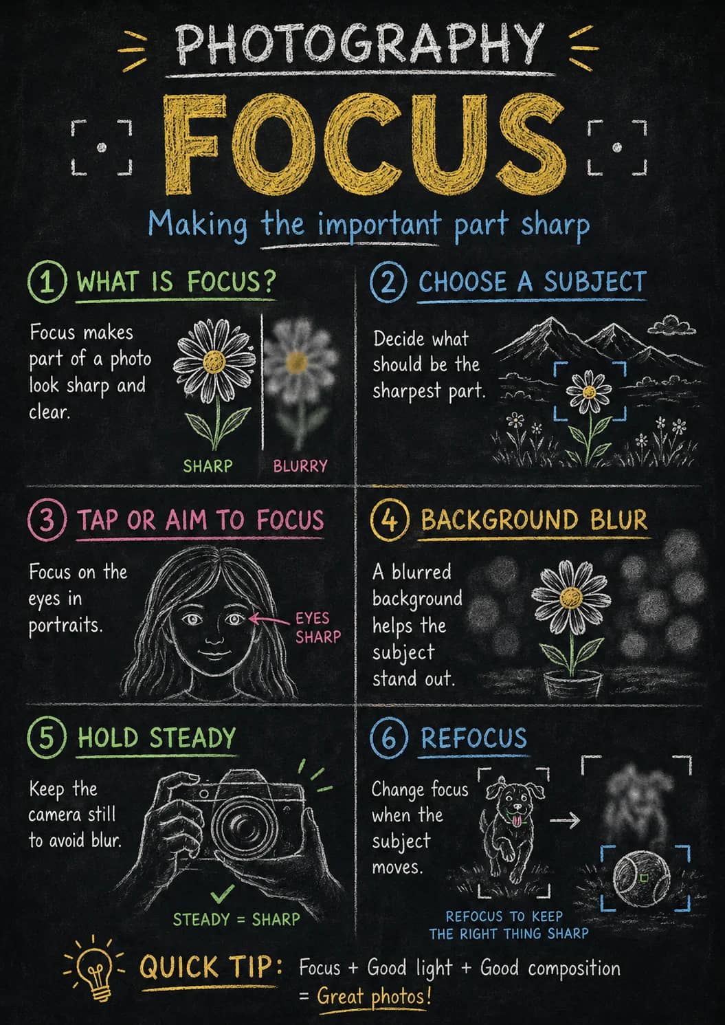 Photography infographic poster showing FOCUS, Making the important part sharp, 1 WHAT IS FOCUS?, Focus makes part of a photo look sharp...