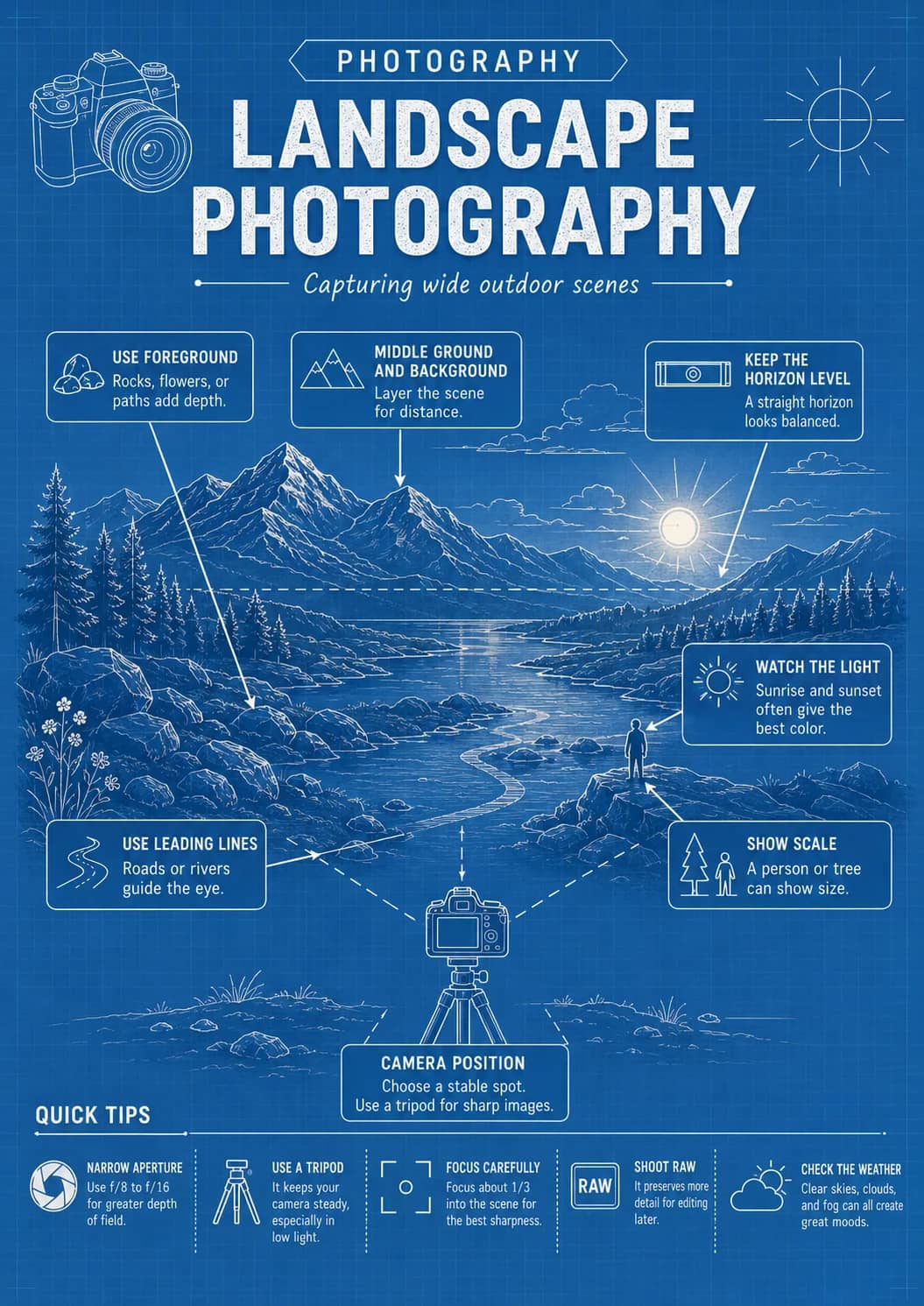 Photography infographic poster showing LANDSCAPE PHOTOGRAPHY, Capturing wide outdoor scenes, NARROW APERTURE, Use f/8 to f/16 for greater...