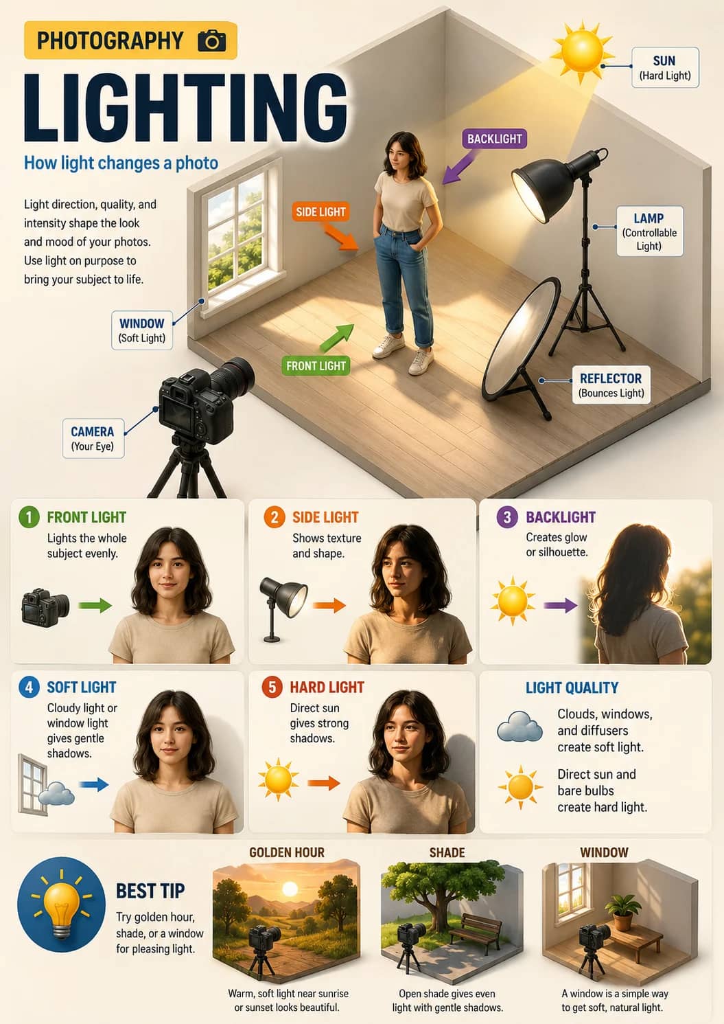 Photography infographic poster showing LIGHTING, How light changes a photo, 1 FRONT LIGHT, Lights the whole subject evenly. and 2 SIDE...