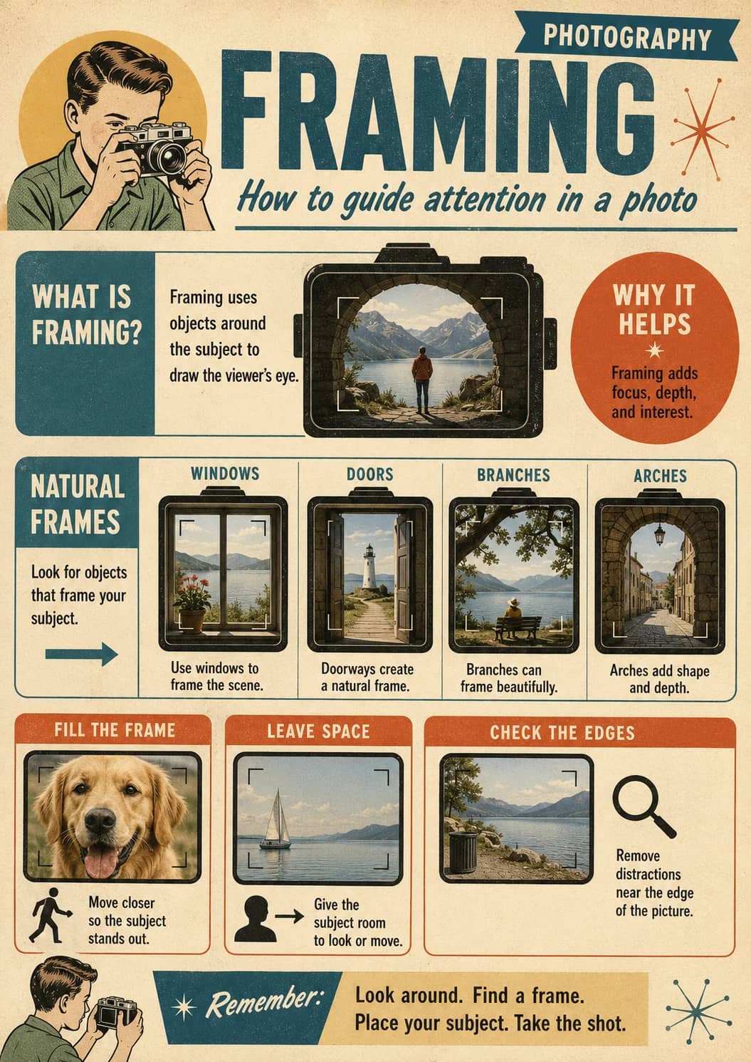 Photography infographic poster showing FRAMING, How to guide attention in a photo, WHAT IS FRAMING?, Framing uses objects around the...