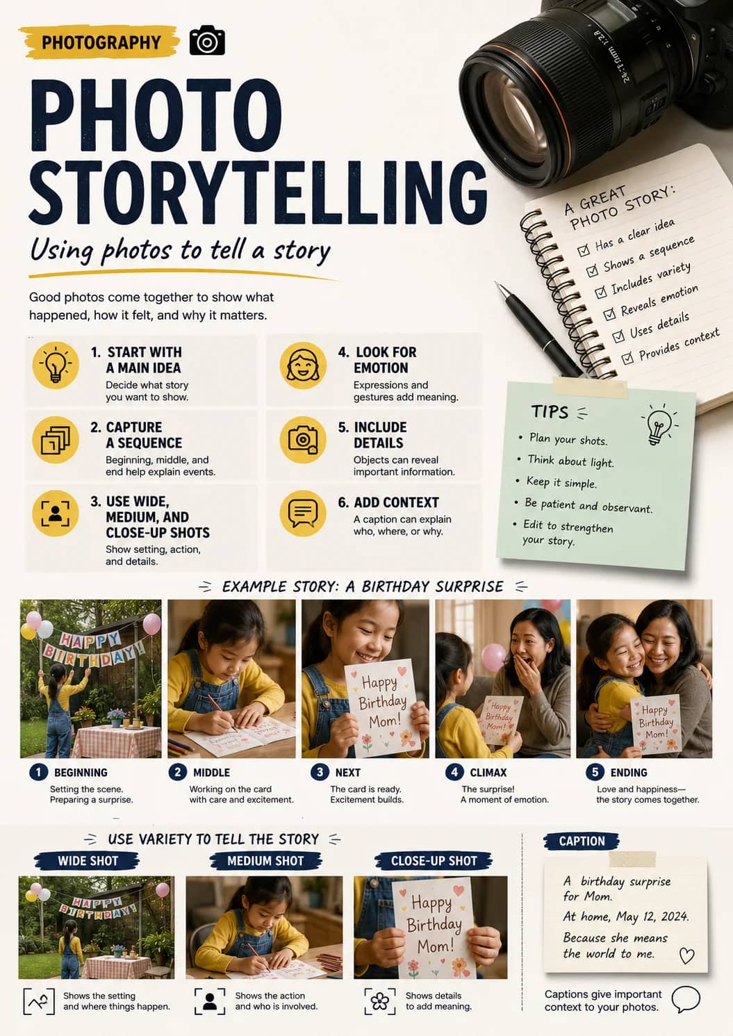 Photography infographic poster showing PHOTO, STORYTELLING, Using photos to tell a story, 1. START WITH A MAIN IDEA and Decide what story...
