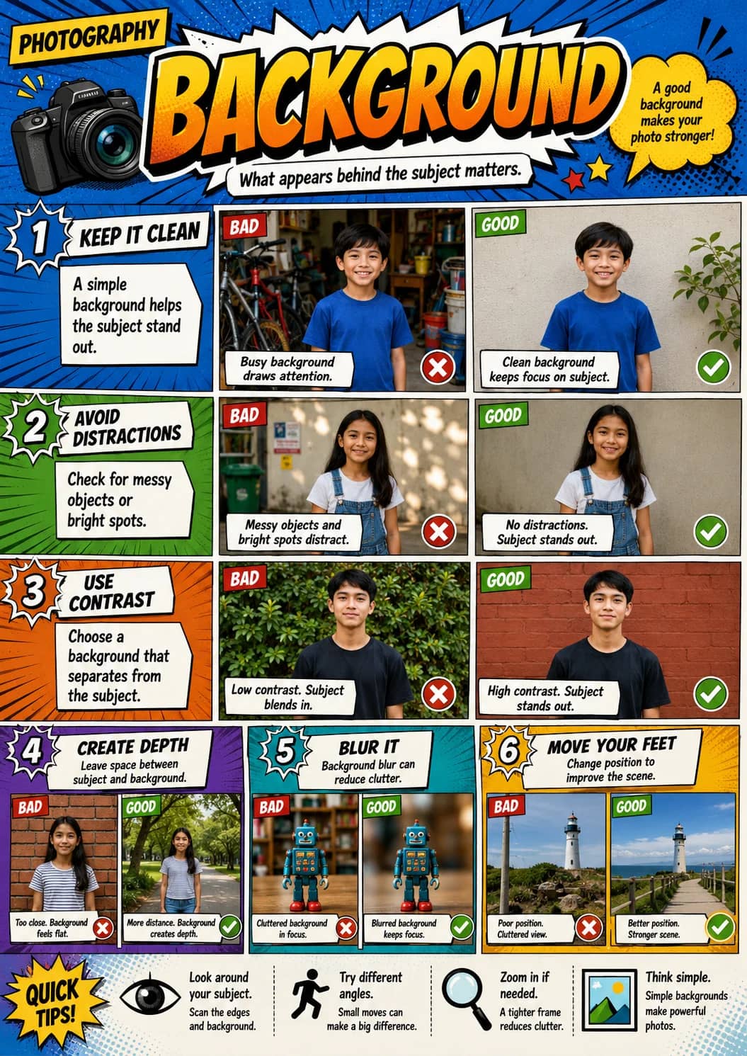 Photography infographic poster showing BACKGROUND, What appears behind the subject matters. and A good background makes your photo...