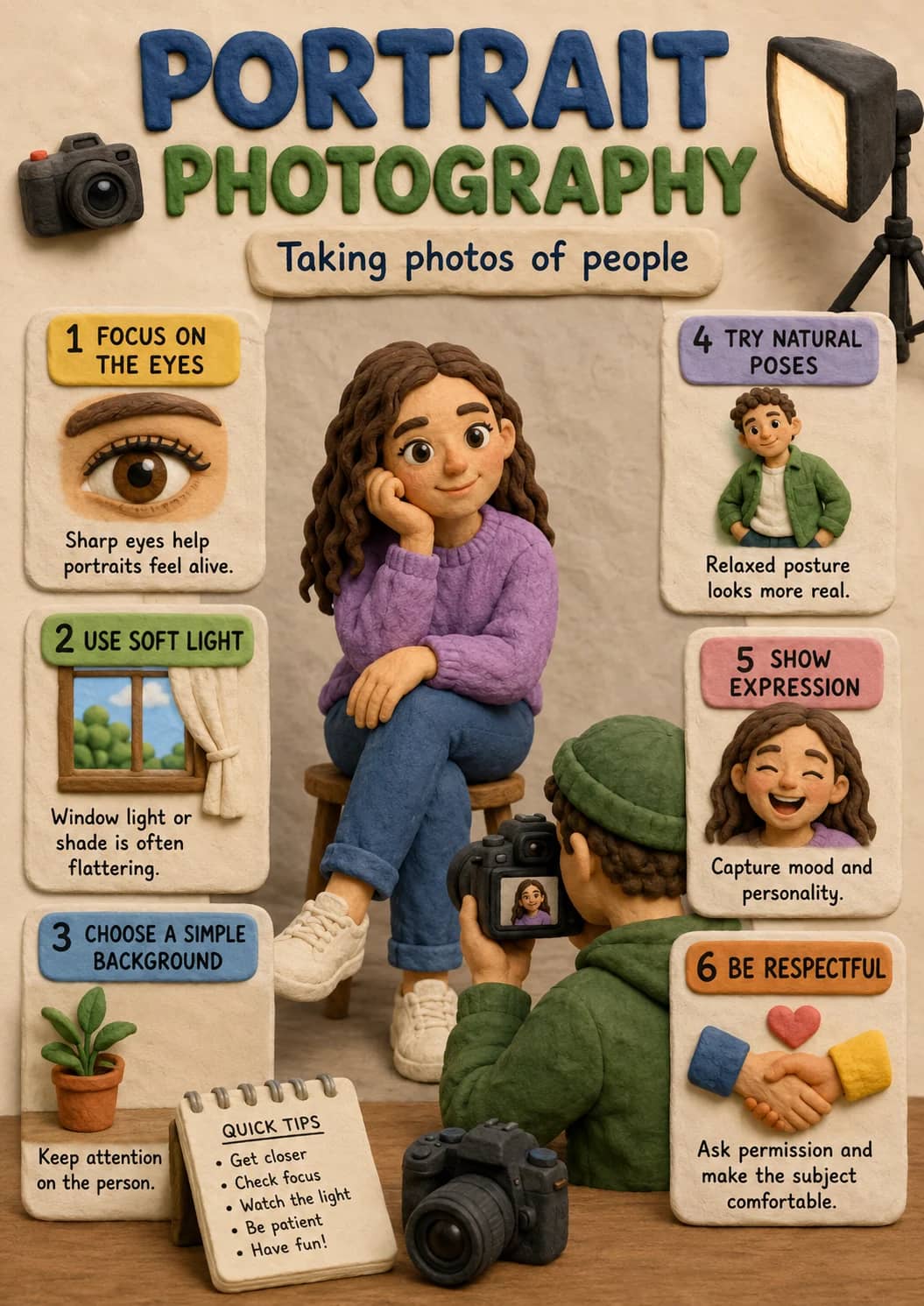Portrait Photography infographic poster showing Taking photos of people, 1 FOCUS ON THE EYES, Sharp eyes help portraits feel alive., 2 USE...
