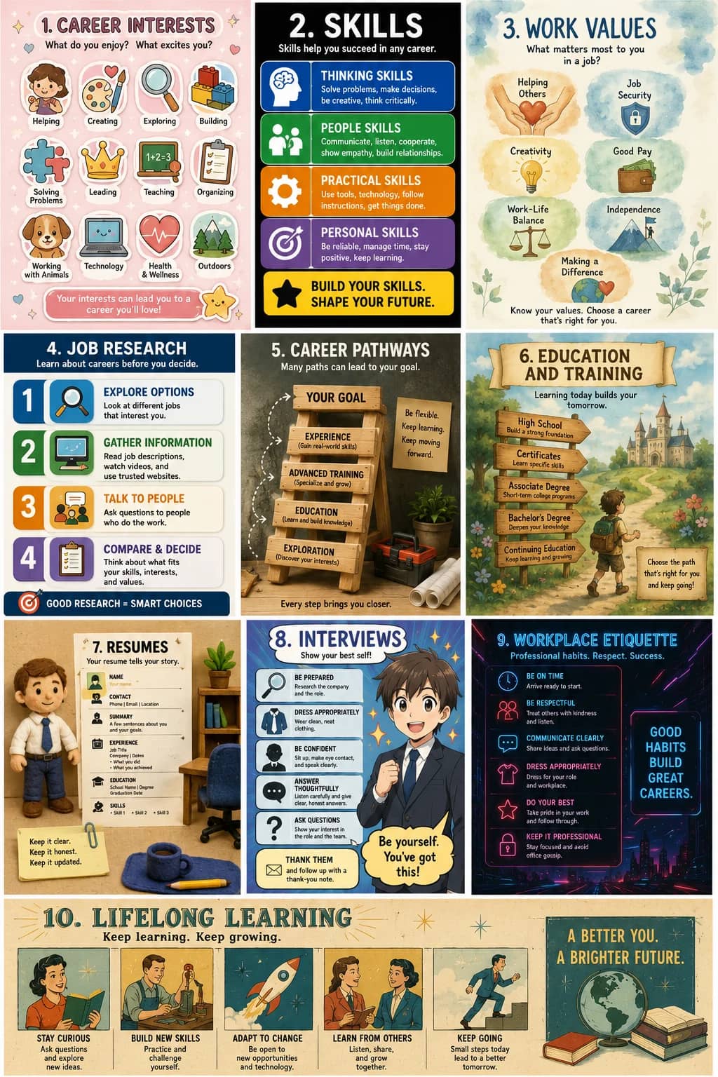 1. Career Interests infographic poster showing What do you enjoy? What excites you?, Your interests can lead you to a career you'll love!,...