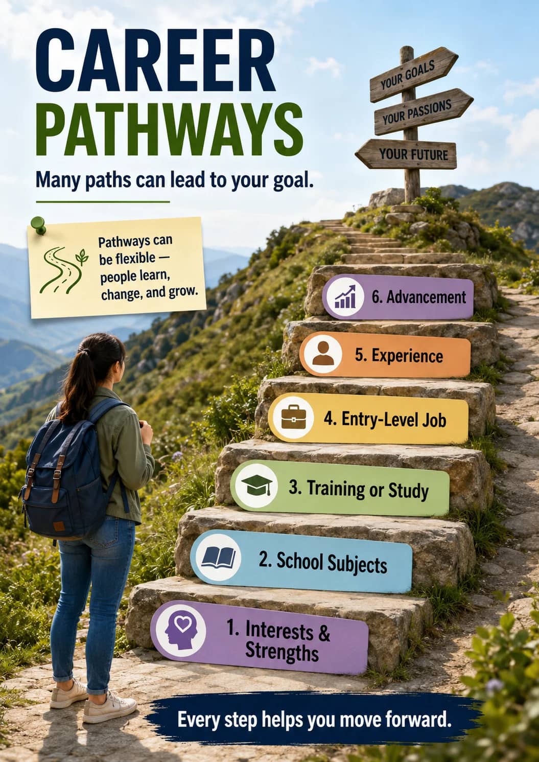 Career Pathways infographic poster showing Many paths can lead to your goal., Pathways can be flexible — people learn, change, and grow.,...