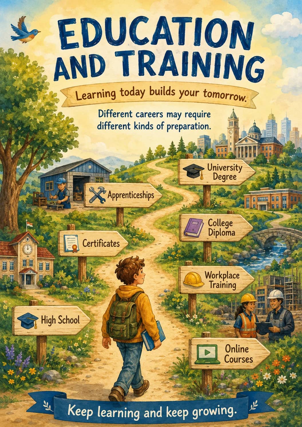 Education and Training infographic poster showing Learning today builds your tomorrow. and Different careers may require different kinds...