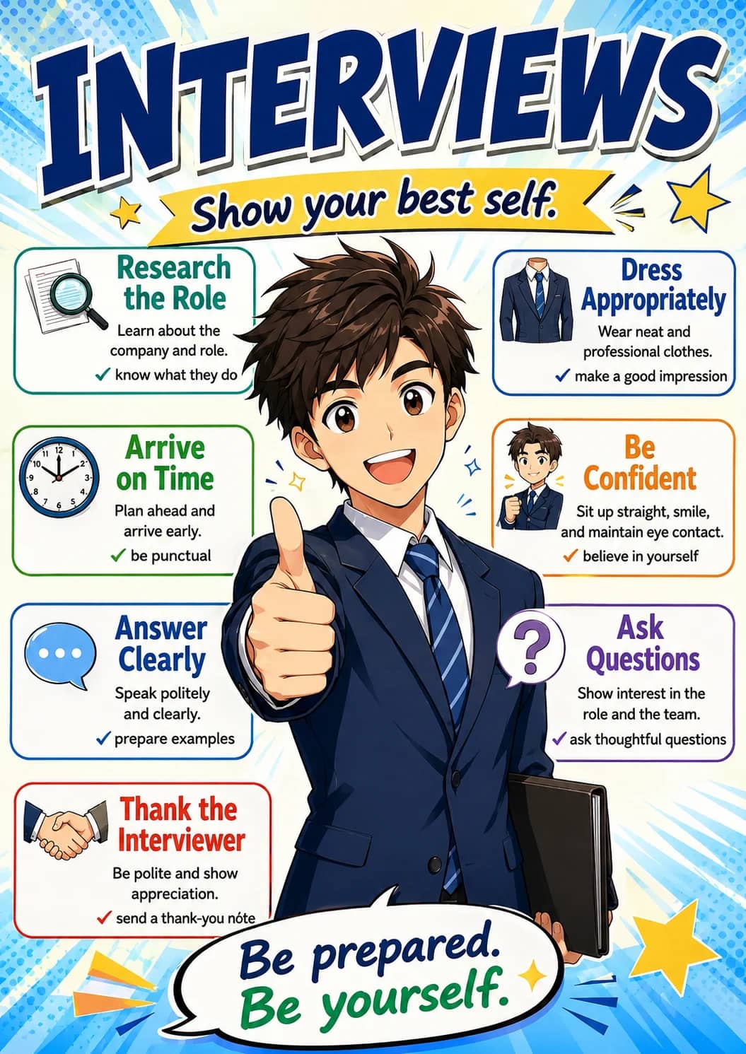 Interviews infographic poster showing Show your best self., Research the Role, Learn about the company and role., ✓ know what they do and...
