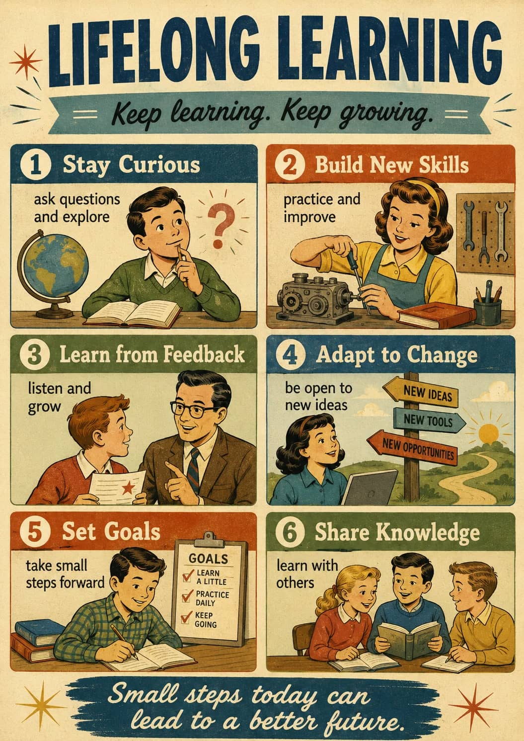 Lifelong Learning infographic poster showing = Keep learning. Keep growing. =, 1 Stay Curious, ask questions, and explore and 2 Build New...