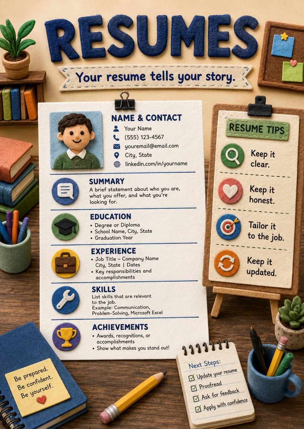 Resumes infographic poster showing Your resume tells your story., NAME & CONTACT, - Your Name, - 123-4567 and - youremail@email.com for...