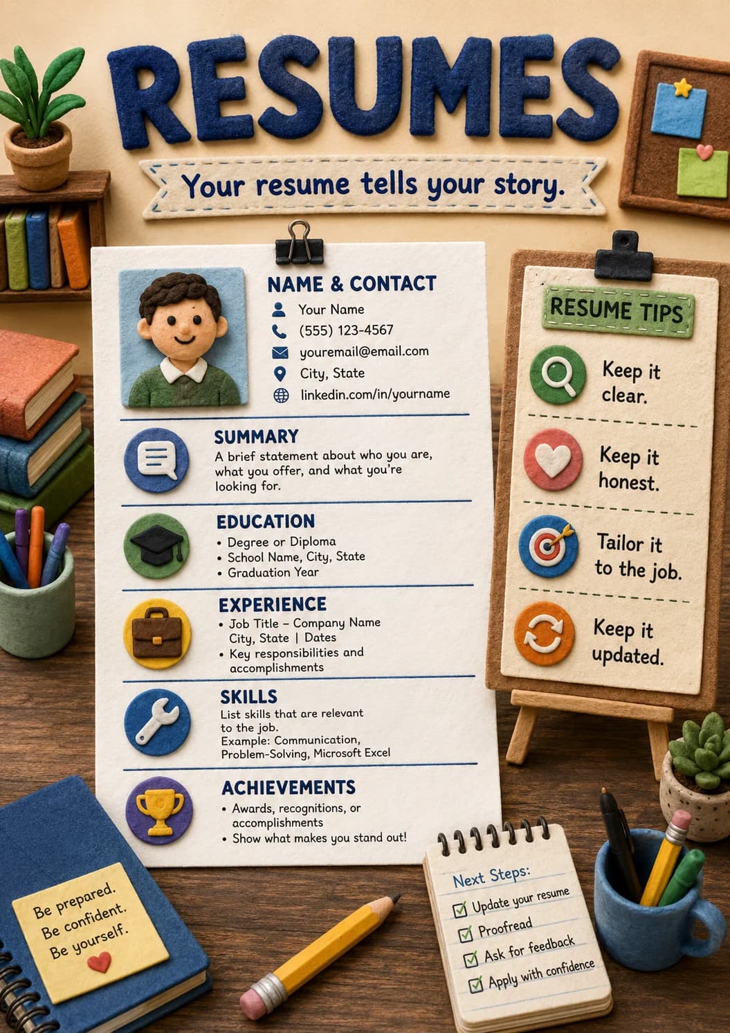 Resumes infographic poster showing Your resume tells your story., NAME & CONTACT, - Your Name, - 123-4567 and - youremail@email.com for...