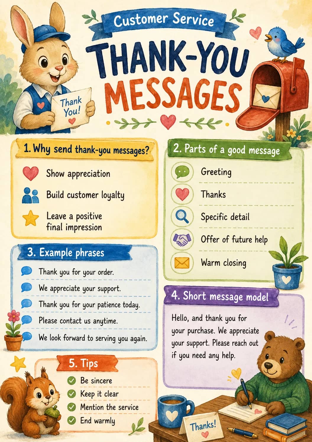 1. Why Send Thank-you Messages infographic poster showing THANK-YOU, MESSAGES, Thank You!, 1. Why send thank-you messages? and Show...