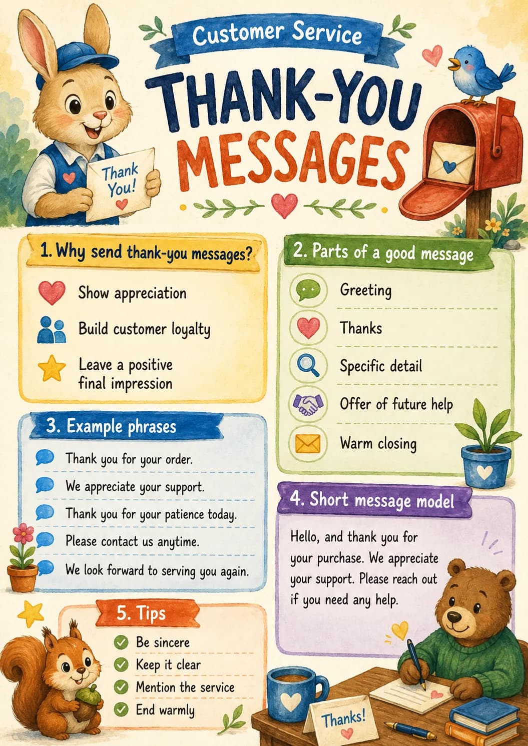 1. Why Send Thank-you Messages infographic poster showing THANK-YOU, MESSAGES, Thank You!, 1. Why send thank-you messages? and Show...