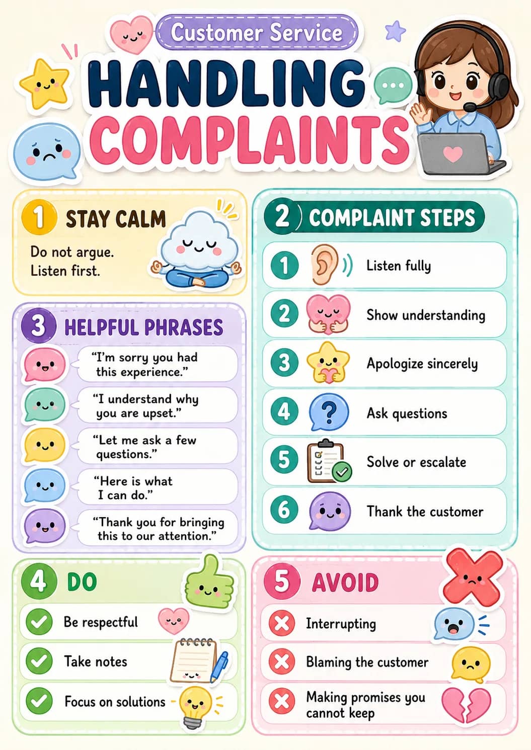 Handling complaints infographic poster showing 1 STAY CALM, Do not argue., Listen first., 3 HELPFUL PHRASES and "I'm sorry you had this...