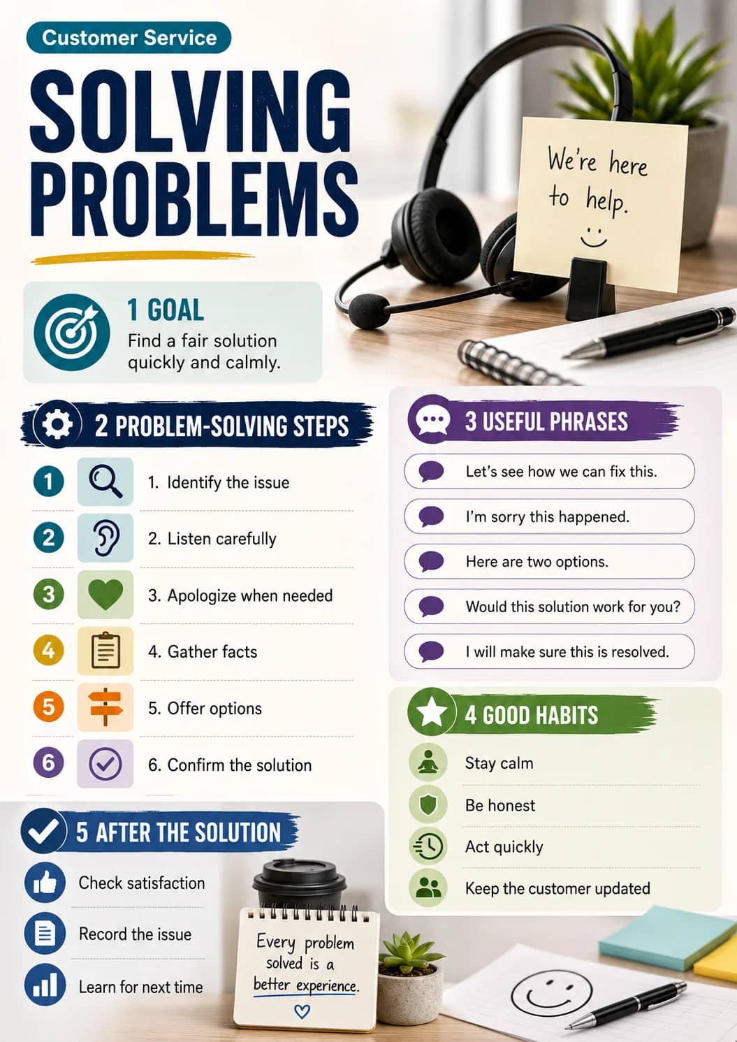 Solving problems infographic poster showing 1 GOAL, Find a fair solution quickly and calmly., 2 PROBLEM-SOLVING STEPS, 1. Identify the...