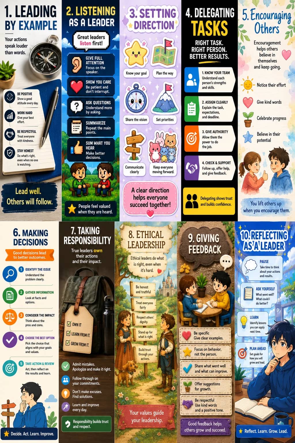 1. Leading By Example infographic poster showing Your actions speak louder than words., BE POSITIVE, Show a good attitude every day., WORK...