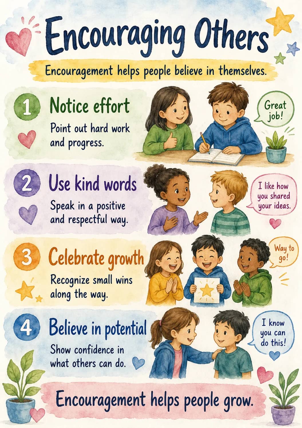 Encouraging Others infographic poster showing Encouragement helps people believe in themselves., Notice effort, Point out hard work and...