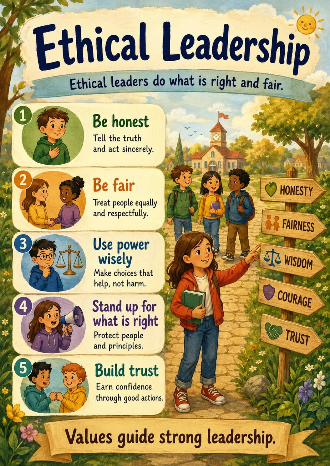 Ethical Leadership infographic poster showing Ethical leaders do what is right and fair., Be honest, Tell the truth and act sincerely., Be...