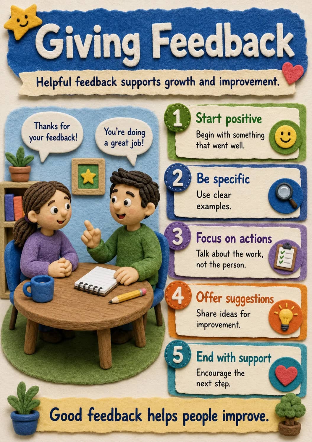 Giving Feedback infographic poster showing Helpful feedback supports growth and improvement., 1 Start positive, Begin with something that...