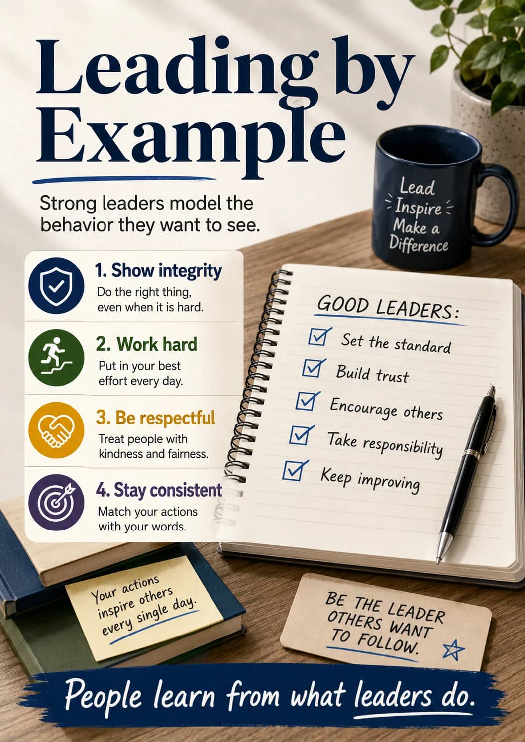 Leading By Example infographic poster showing Strong leaders model the behavior they want to see., 1. Show integrity, Do the right thing,...