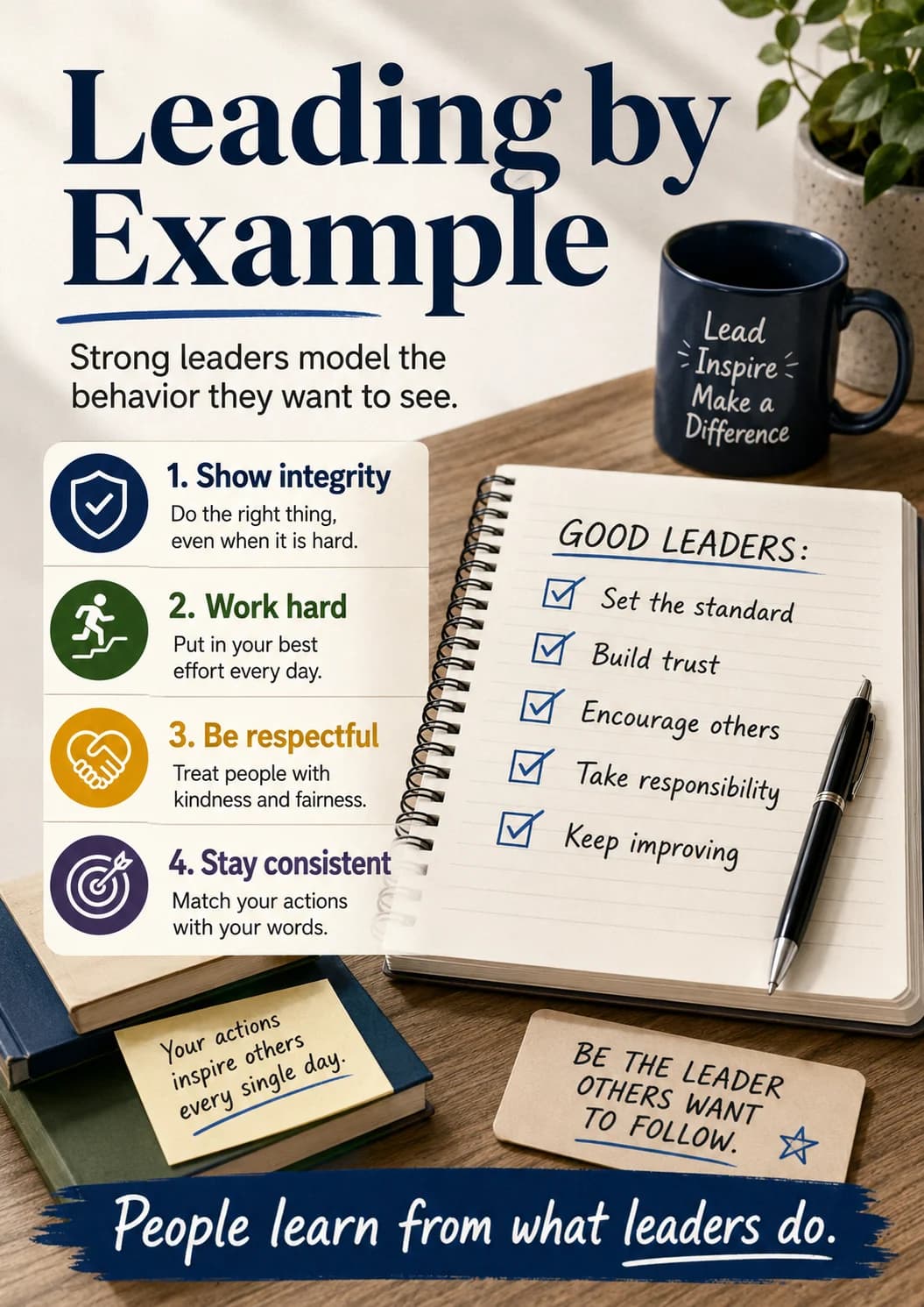Leading By Example infographic poster showing Strong leaders model the behavior they want to see., 1. Show integrity, Do the right thing,...