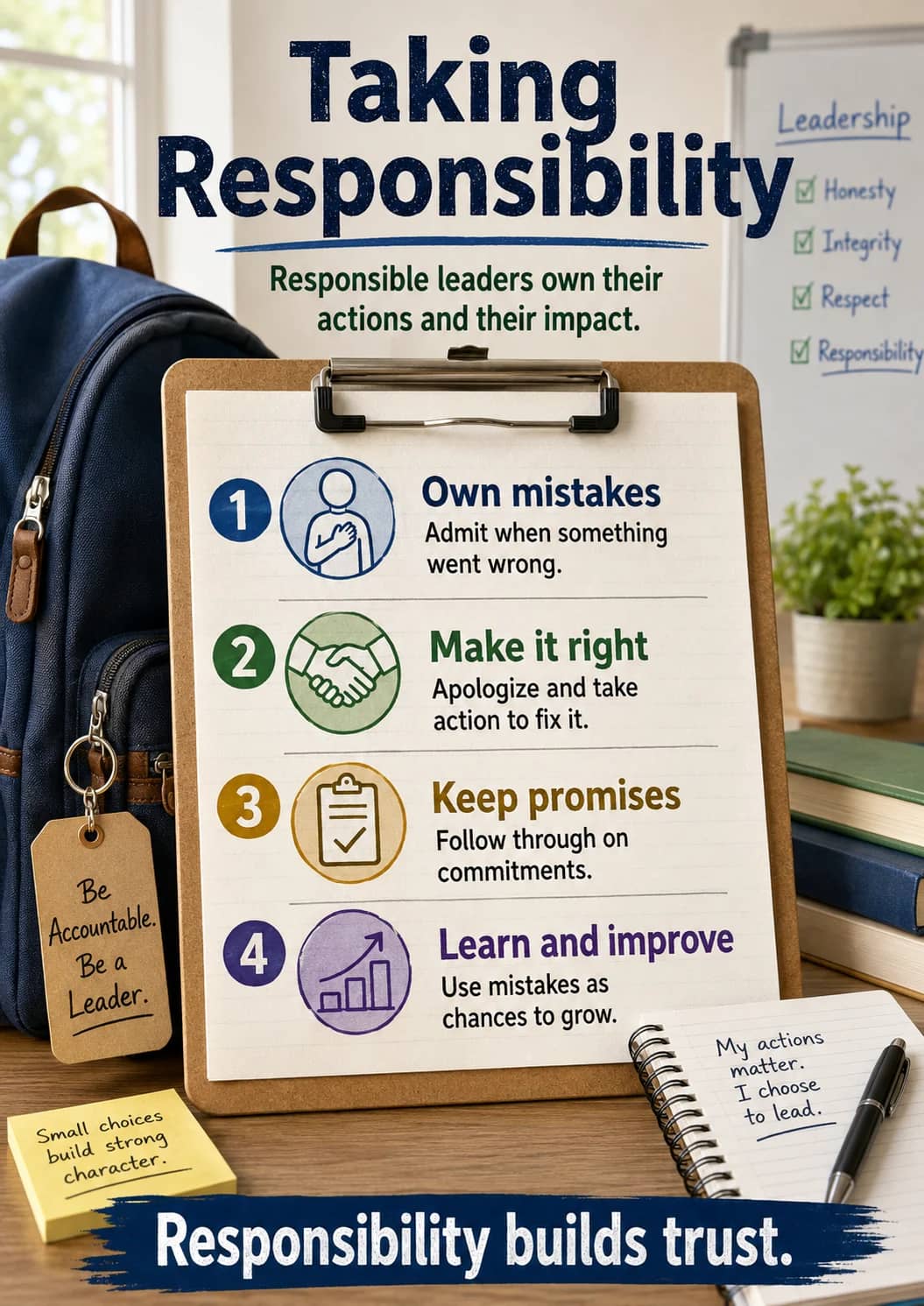 Taking Responsibility infographic poster showing ☑ Honesty, ☑ Integrity, ☑ Respect, ☑ Responsibility and Responsible leaders own their...