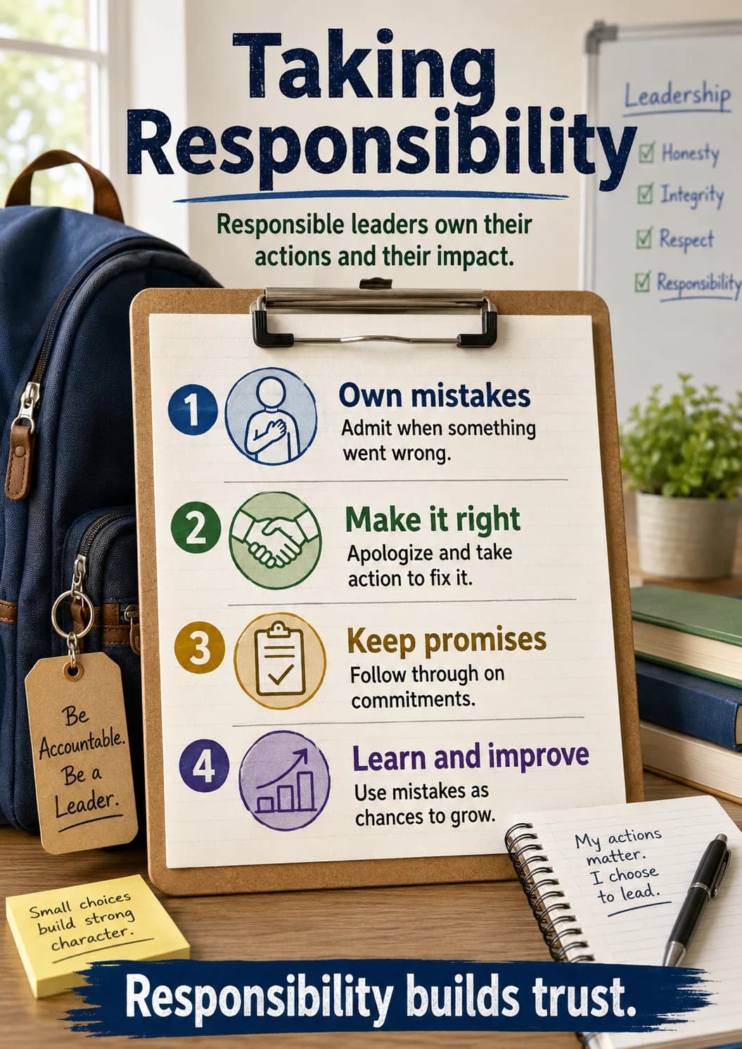 Taking Responsibility infographic poster showing ☑ Honesty, ☑ Integrity, ☑ Respect, ☑ Responsibility and Responsible leaders own their...