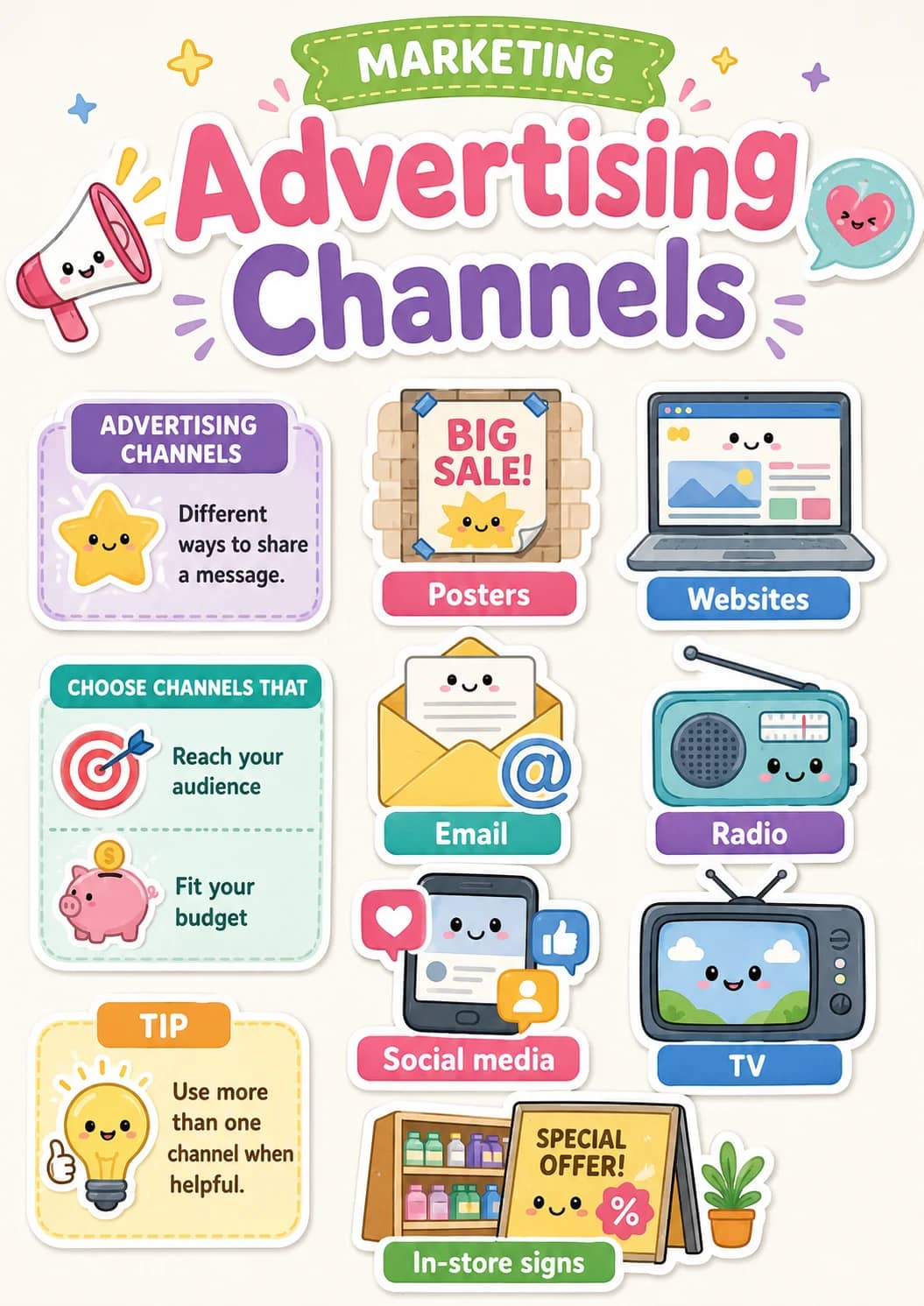 Advertising channels infographic poster showing Different ways to share a message., BIG SALE!, Posters, Websites and CHOOSE CHANNELS THAT...