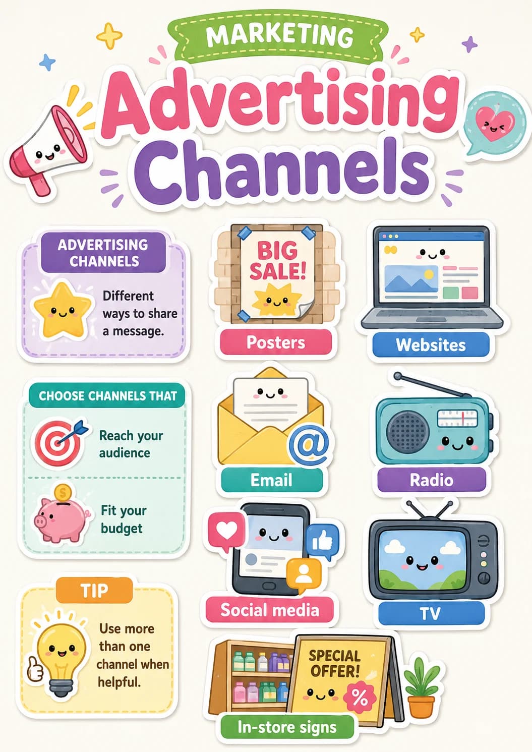 Advertising channels infographic poster showing Different ways to share a message., BIG SALE!, Posters, Websites and CHOOSE CHANNELS THAT...