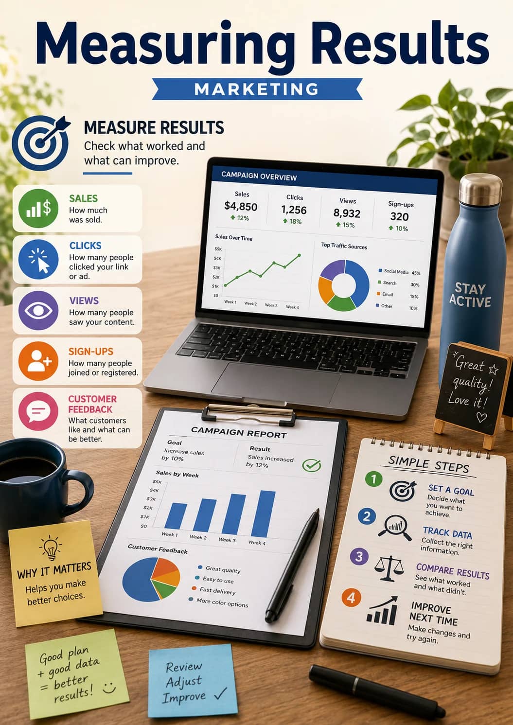 Measuring results infographic poster showing MEASURE RESULTS, Check what worked and what can improve., SALES, How much was sold. and...