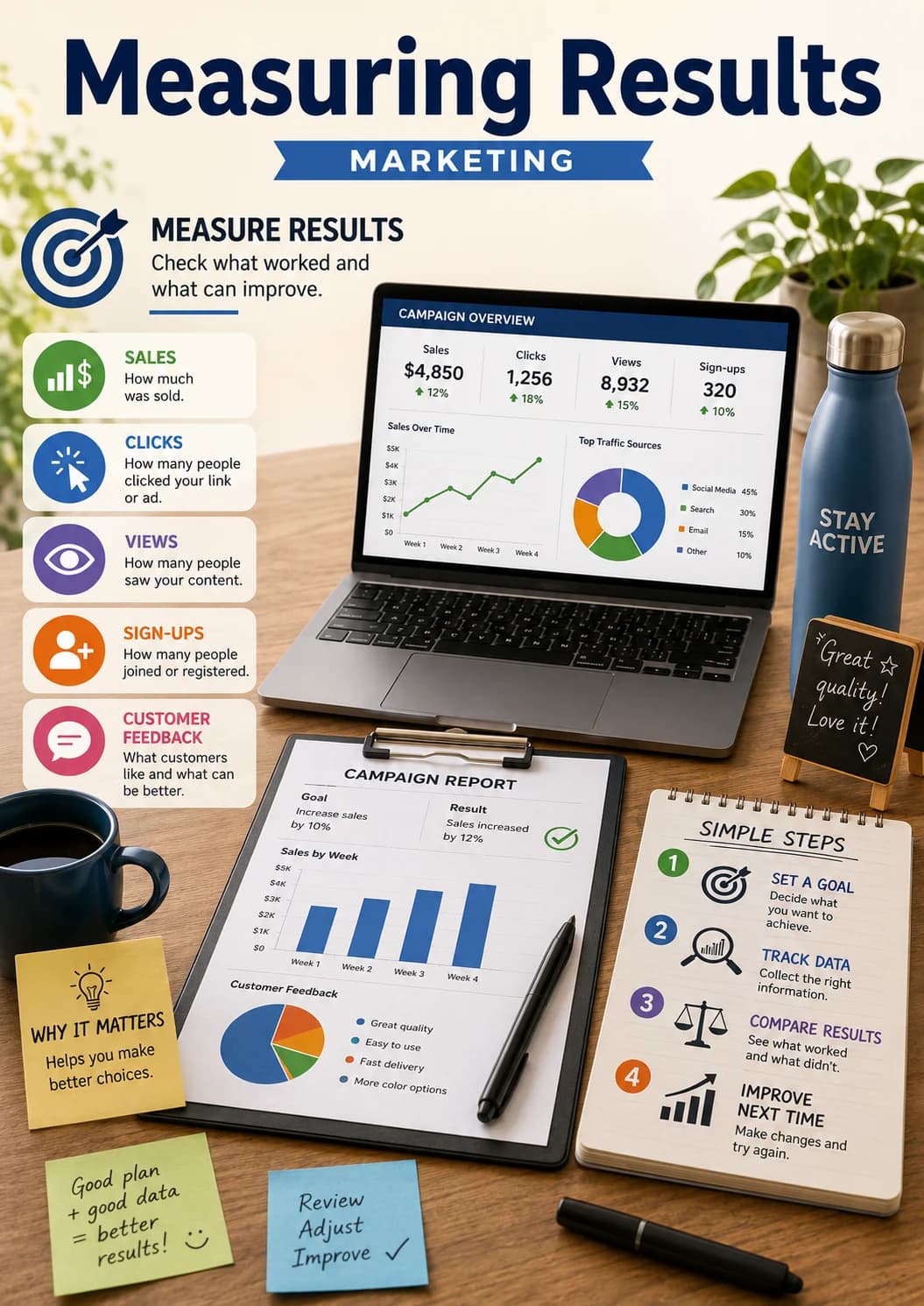 Measuring results infographic poster showing MEASURE RESULTS, Check what worked and what can improve., SALES, How much was sold. and...