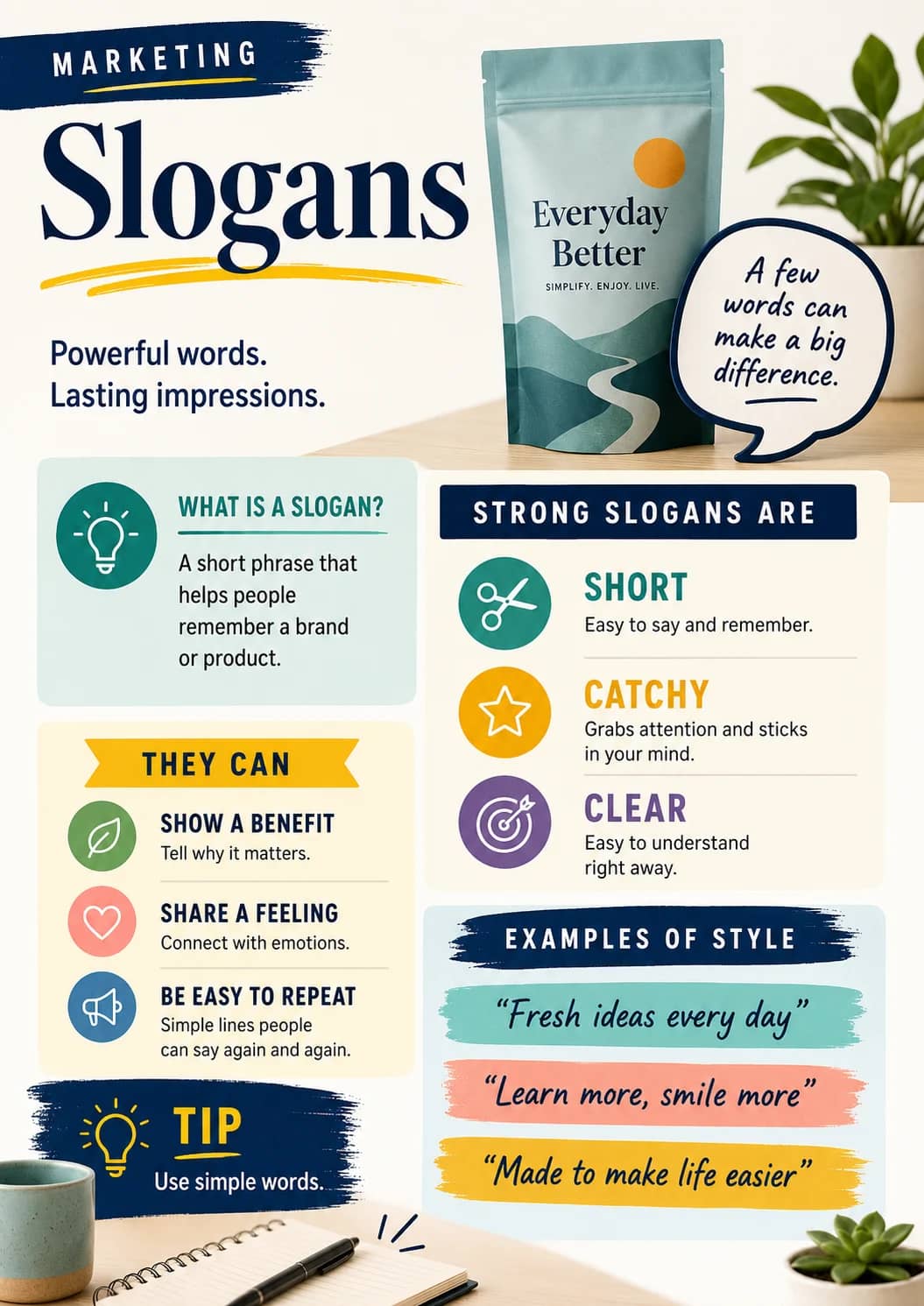 Slogans infographic poster showing Powerful words., Lasting impressions., A few, words can and make a big for Marketing.