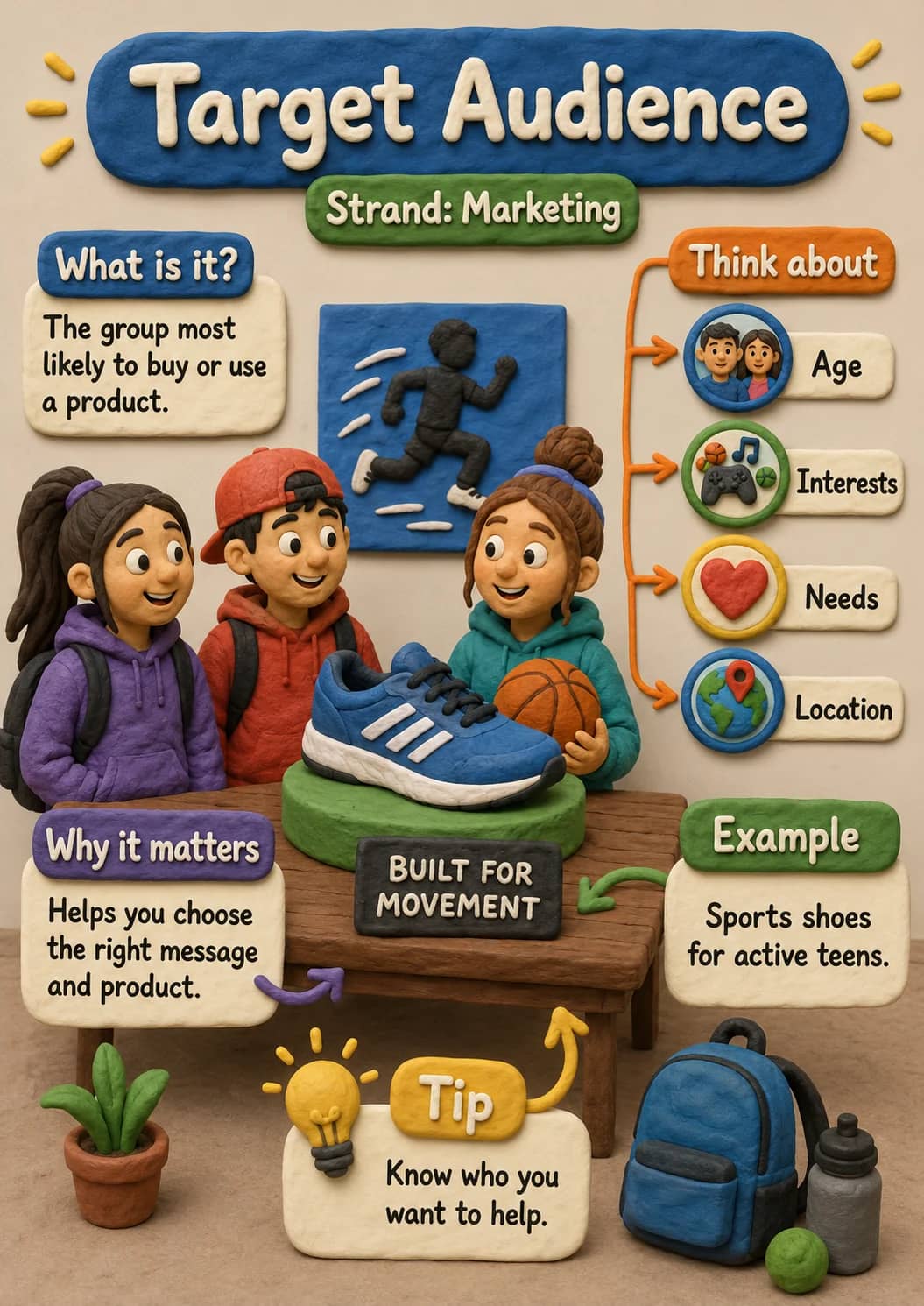 Target audience infographic poster showing Strand: Marketing, What is it?, The group most likely to buy or use a product., Think about and...