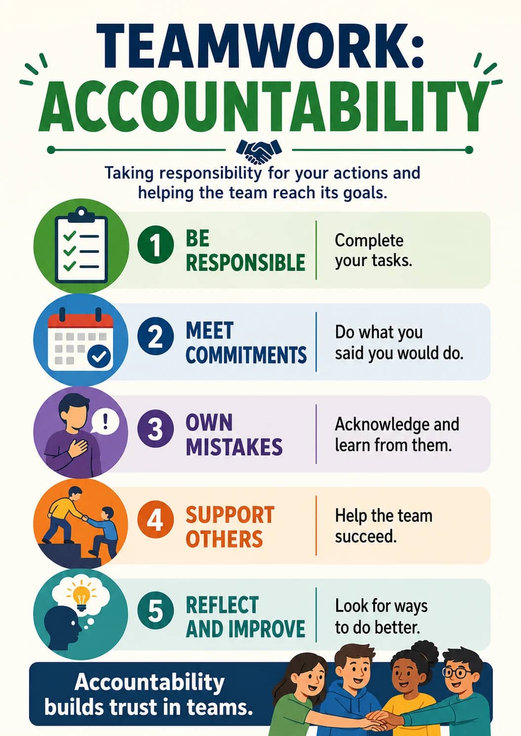 Teamwork: Accountability infographic poster showing Taking responsibility for your actions and helping the team reach its goals., 1 BE...