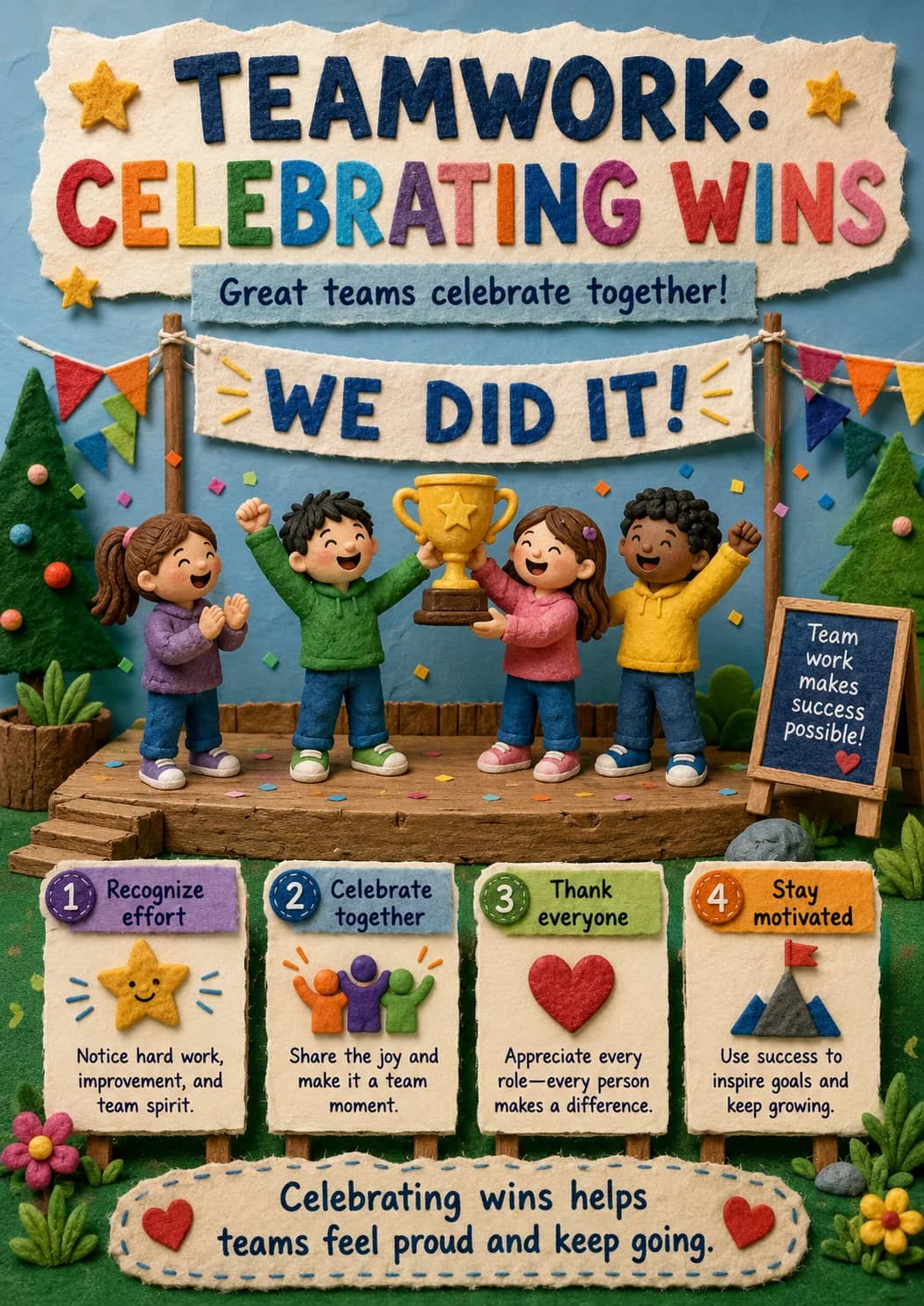 Teamwork: Celebrating Wins infographic poster showing Great teams celebrate together!, WE DID IT!, Team work makes success possible!, 1...