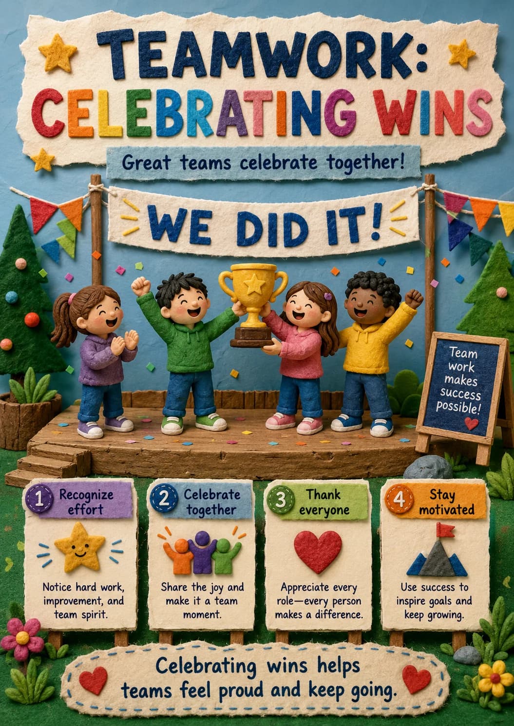 Teamwork: Celebrating Wins infographic poster showing Great teams celebrate together!, WE DID IT!, Team work makes success possible!, 1...