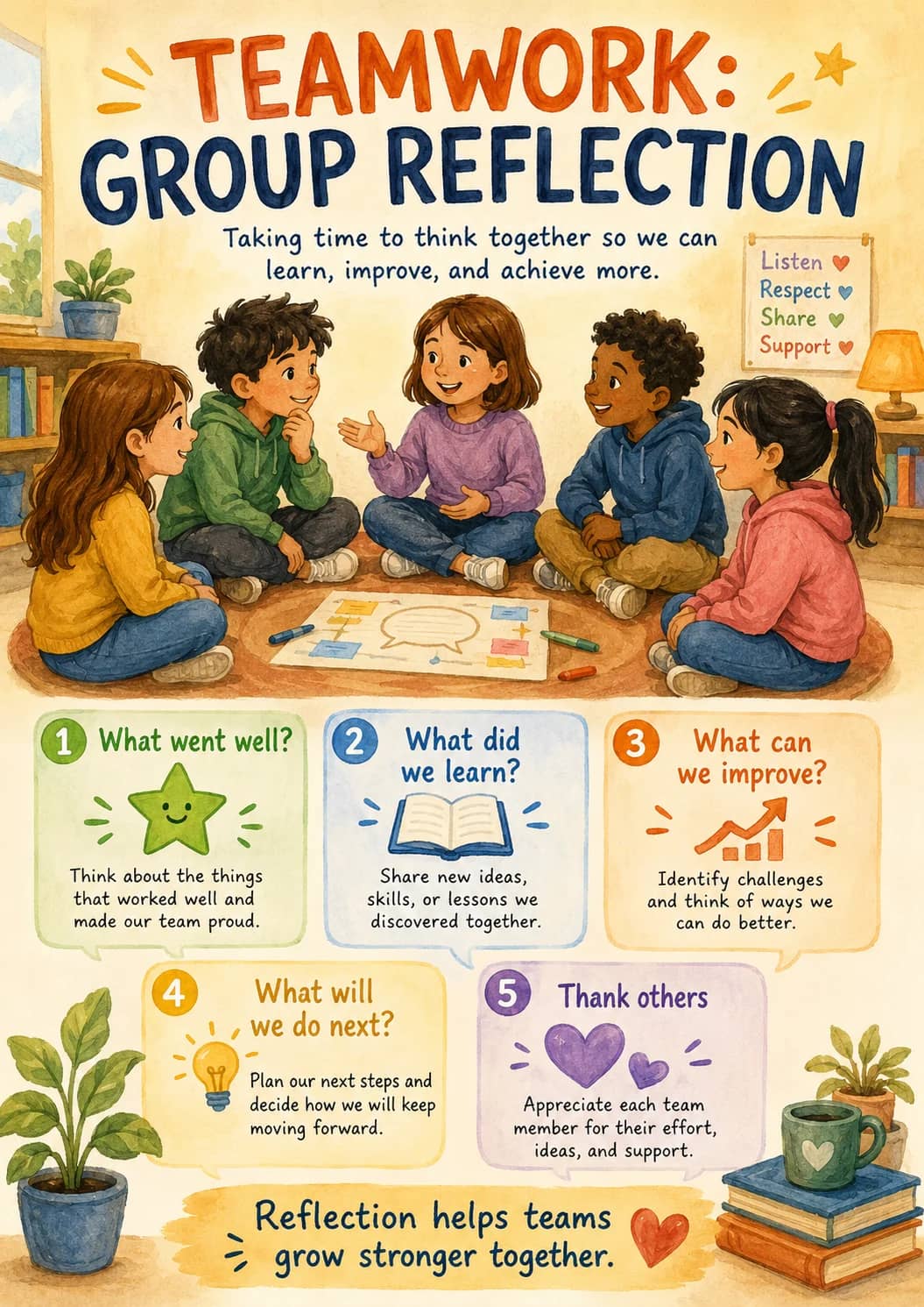 Teamwork: Group Reflection infographic poster showing Taking time to think together so we can learn, improve, and achieve more., Listen ♥,...