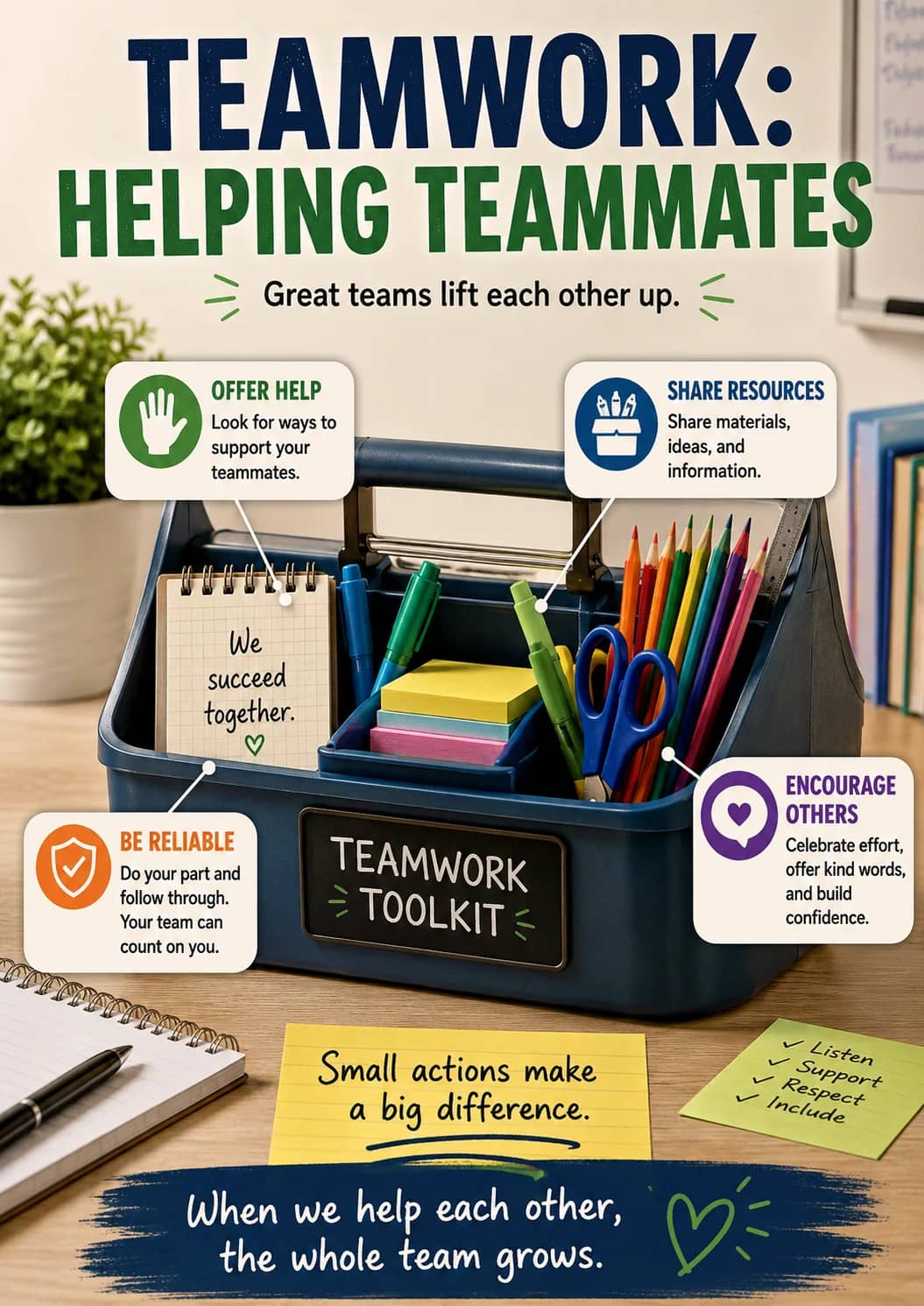 Teamwork: Helping Teammates infographic poster showing Great teams lift each other up., OFFER HELP, Look for ways to support your...