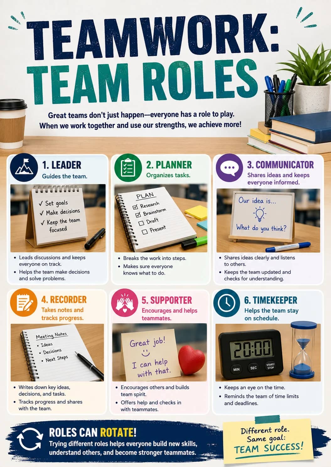Teamwork: Team Roles infographic poster showing 1. LEADER, Guides the team., - Leads discussions and keeps everyone on track., - Helps the...