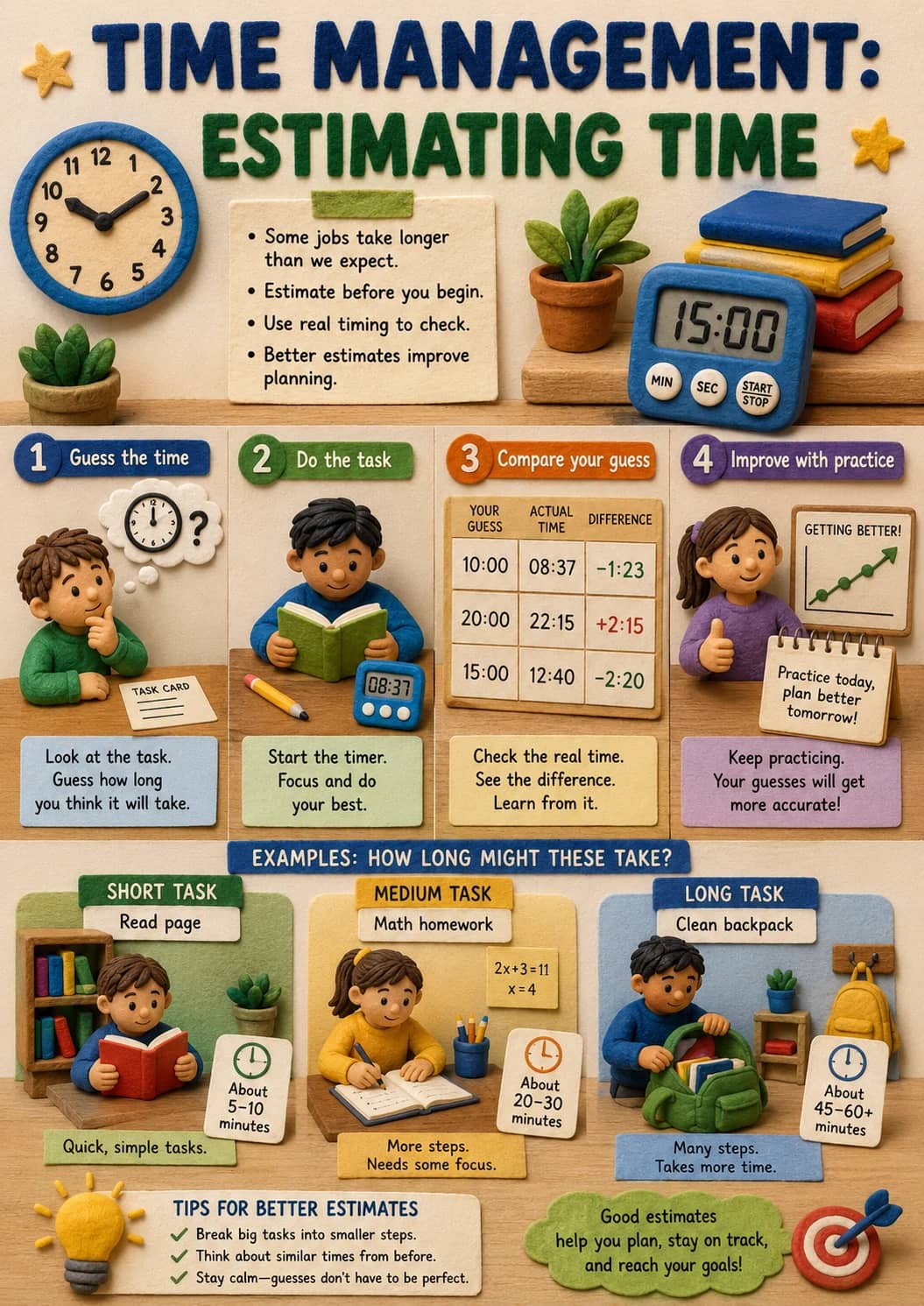 Estimating time infographic poster showing TIME MANAGEMENT:, - Some jobs take longer than we expect., Estimate before you begin., - Use...