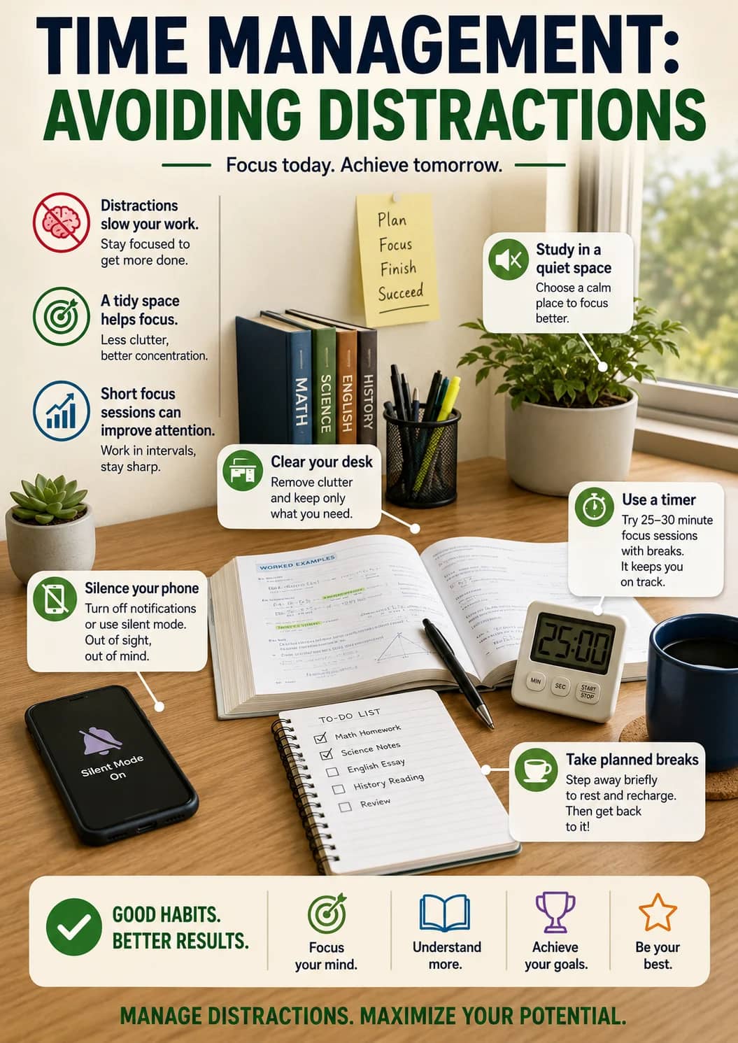 Time Management: Avoiding Distractions infographic poster showing Focus today. Achieve tomorrow., Distractions slow your work., Stay...