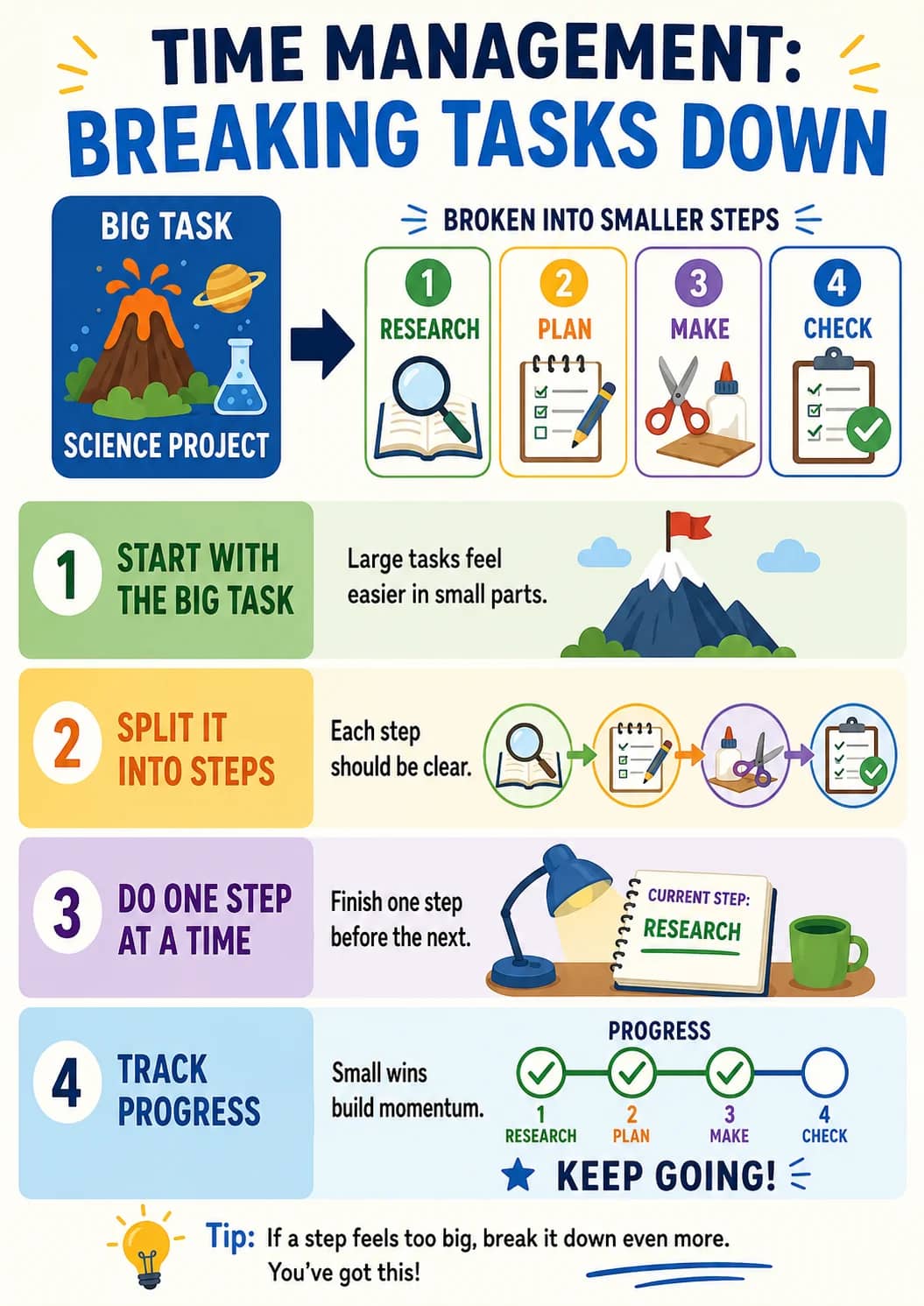 Time Management: Breaking Tasks Down infographic poster showing ➤ BROKEN INTO SMALLER STEPS ⇐, 1 START WITH THE BIG TASK, Large tasks feel...