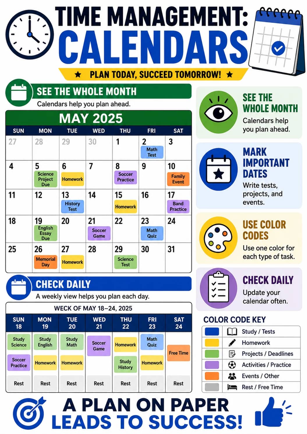 Time Management: Calendars infographic poster showing ★ PLAN TODAY, SUCCEED TOMORROW! ★, SEE THE WHOLE MONTH, Calendars help you plan...