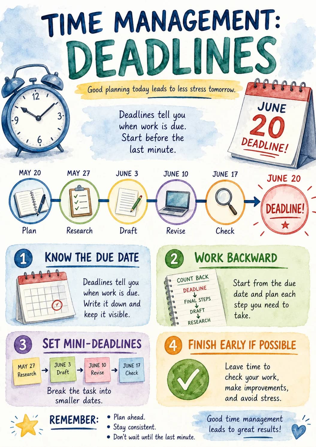 Time Management: Deadlines infographic poster showing Good planning today leads to less stress tomorrow., Deadlines tell you when work is...
